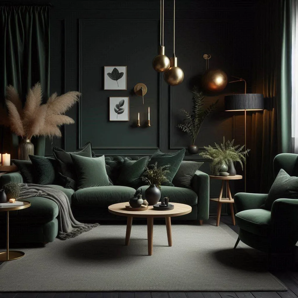 Neutral Living.Room.With Dark Green.Accents