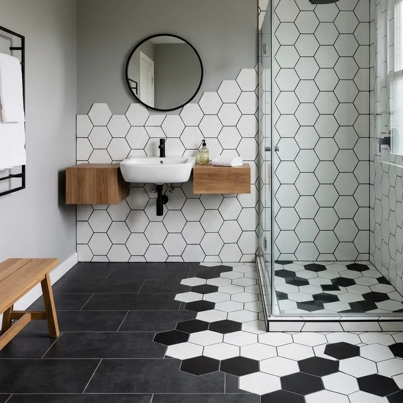 Black and White Hexagon Tile Bathroom Ideas