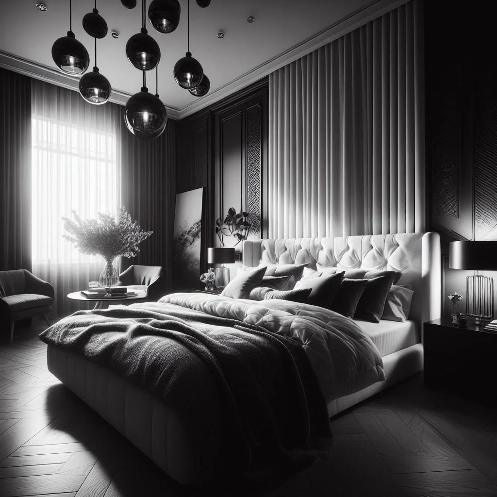 Black and White Bedroom Dramatic Lighting Fixtures