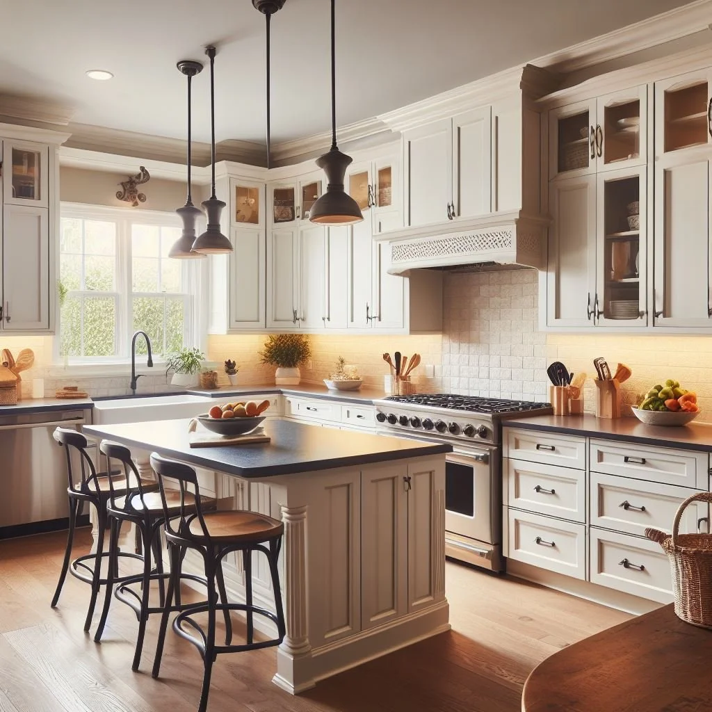 Revamped kitchen cabinets with new hardware.