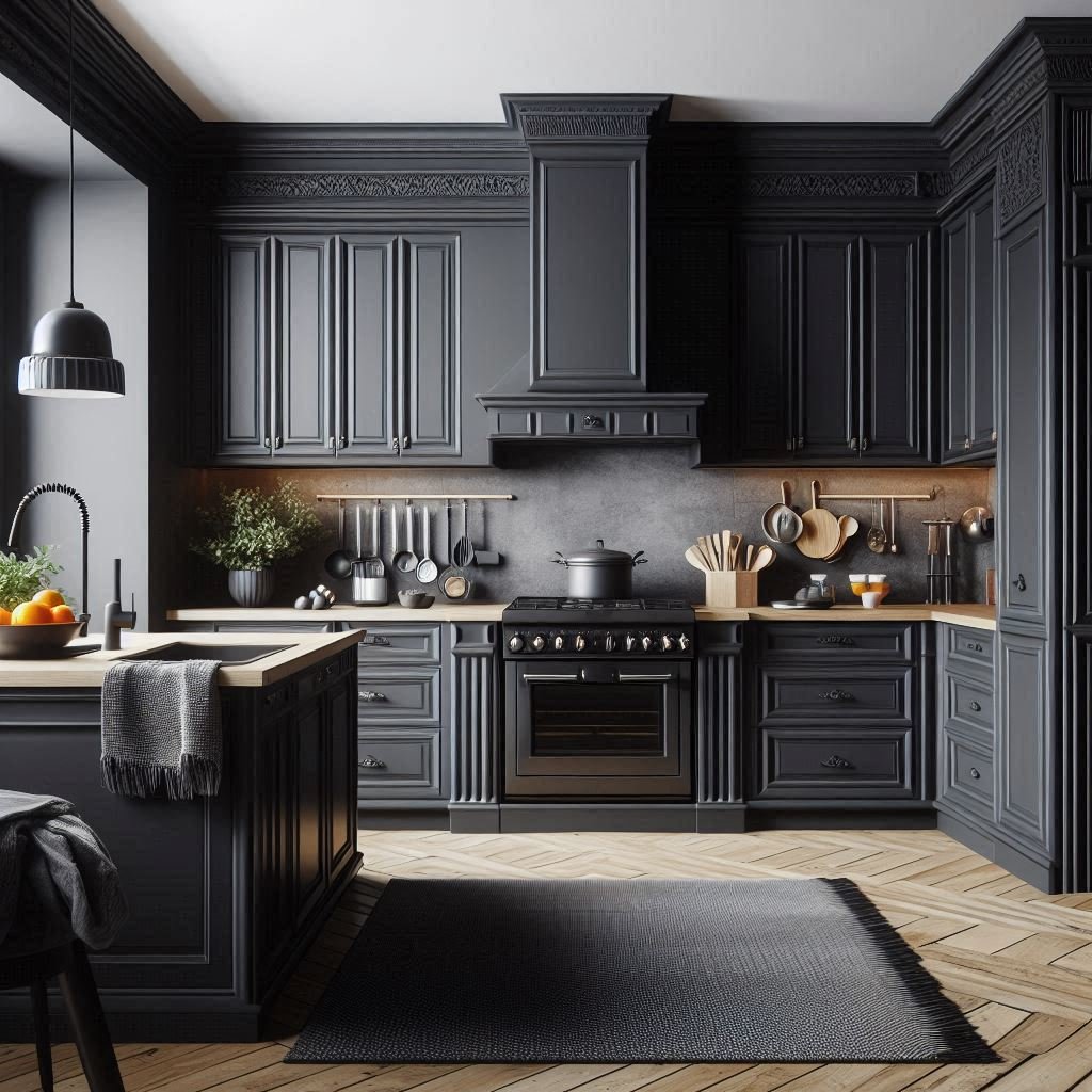 Black kitchen cabinets with grey countertops discount