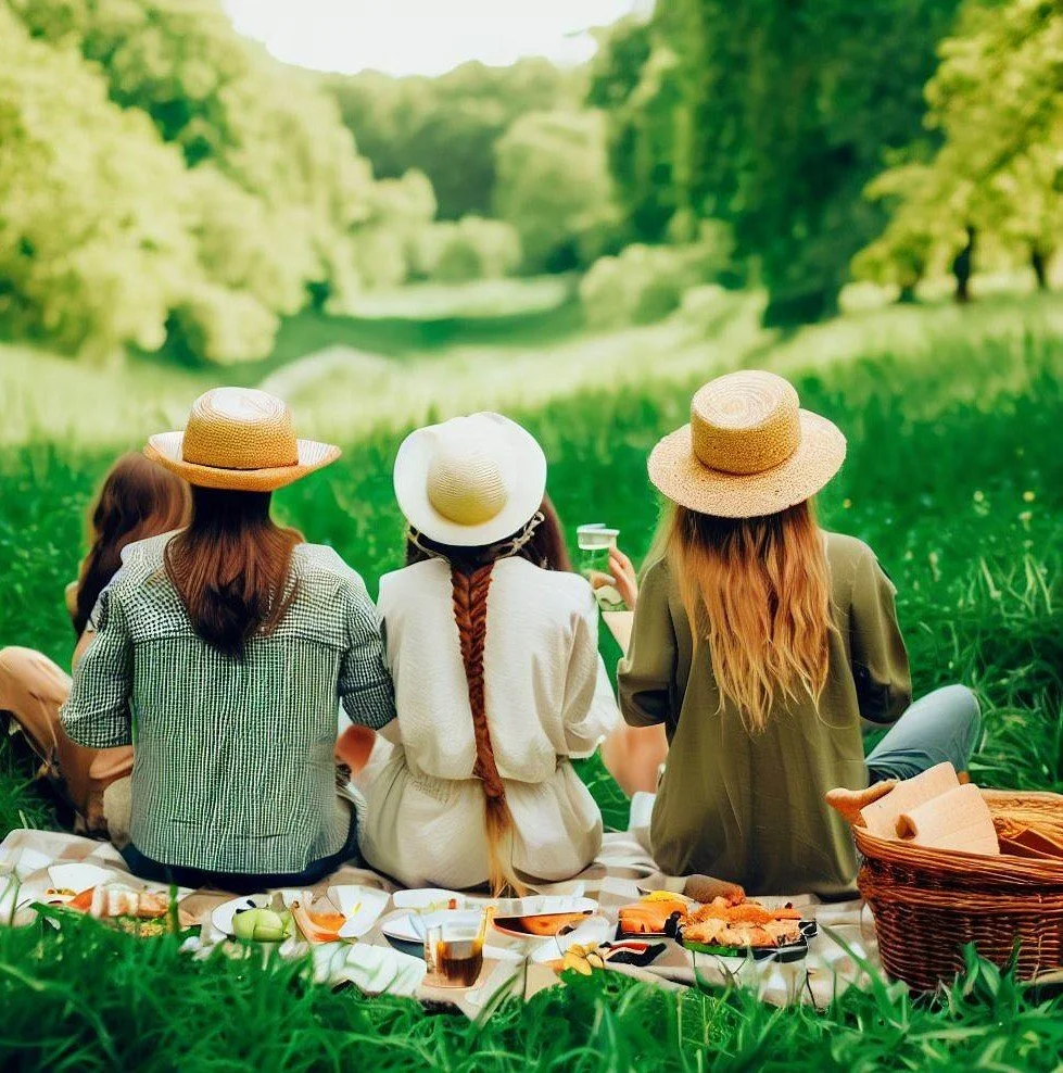 Friends having a picnic in a scenic meadow.