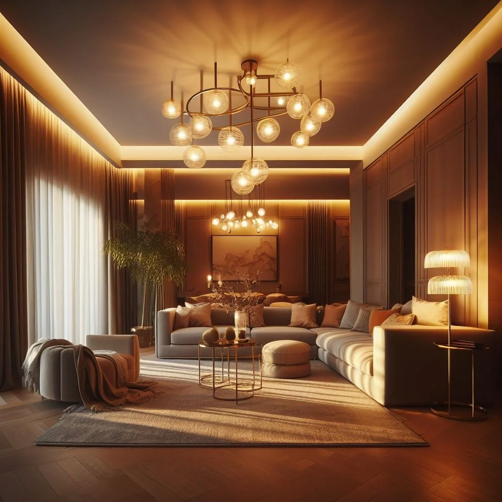 Modern lighting fixtures in a dining room.