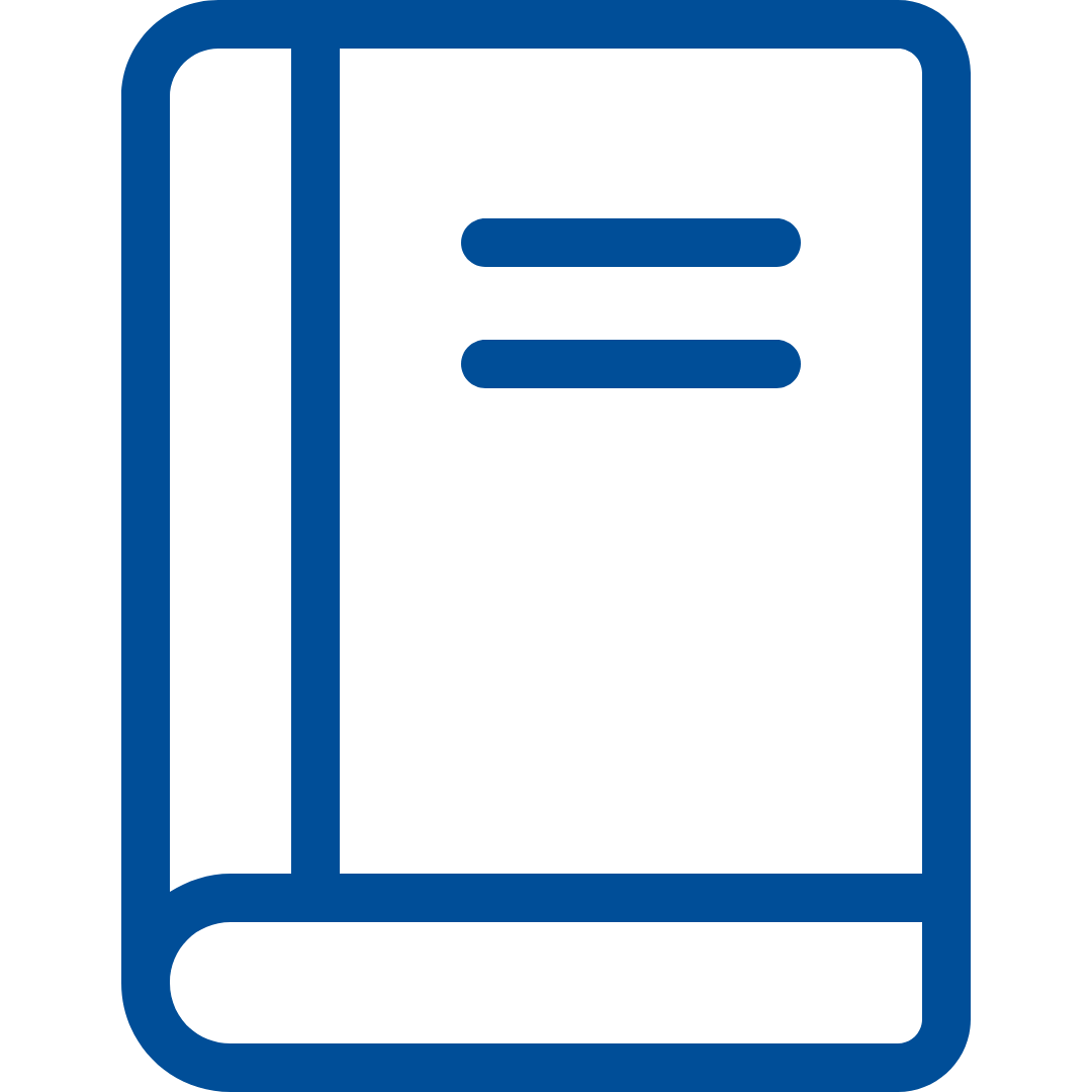 Icon of a closed book with a few pages showing on the left side and horizontal lines representing text on the right side.