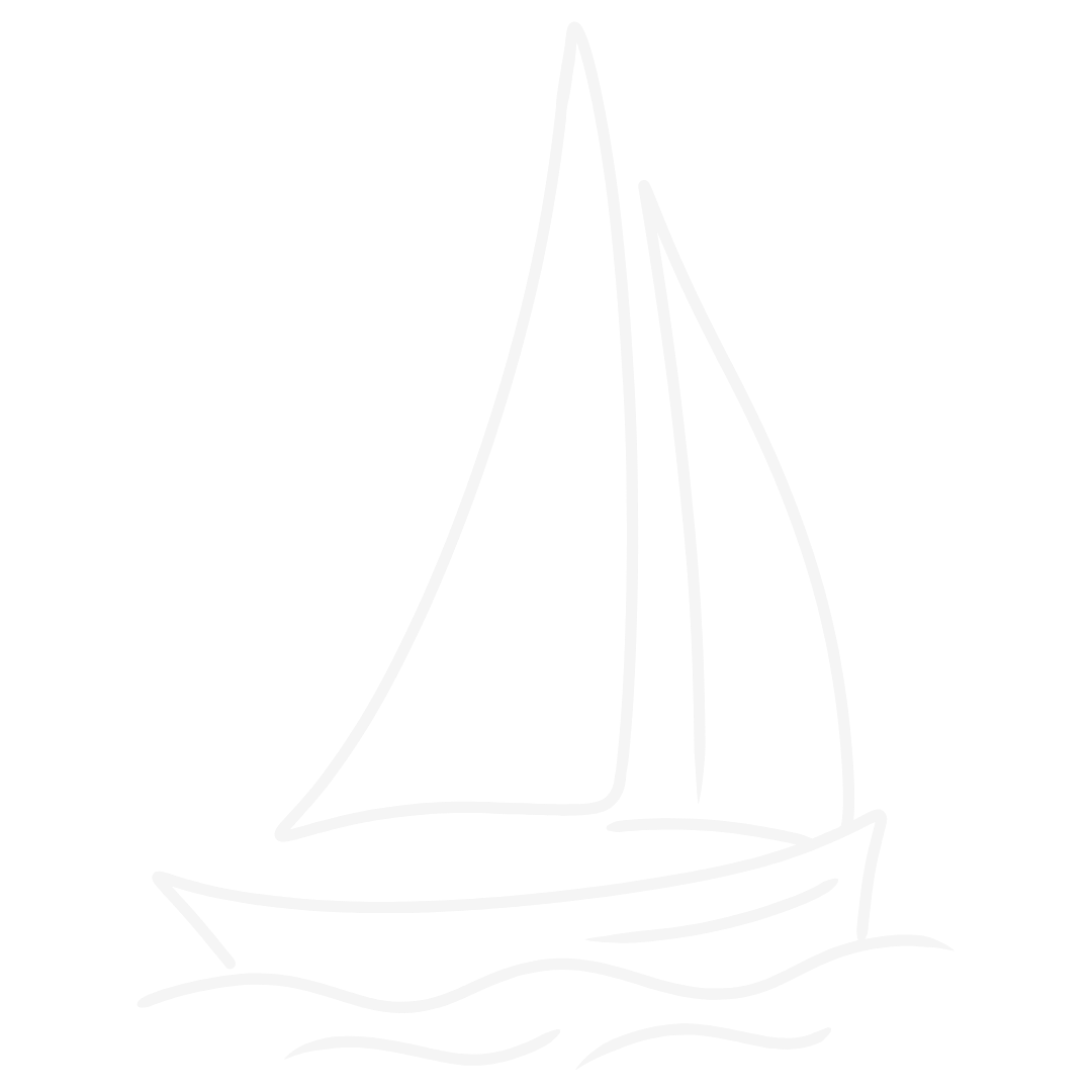 White line drawing of a sailboat with sails and a hull on water.