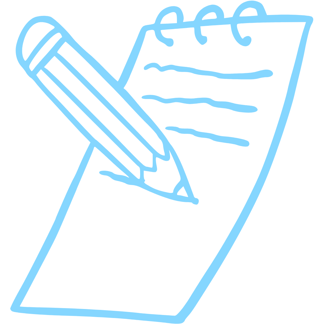 Outline drawing of a notepad and pen, with writing lines on the notepad.