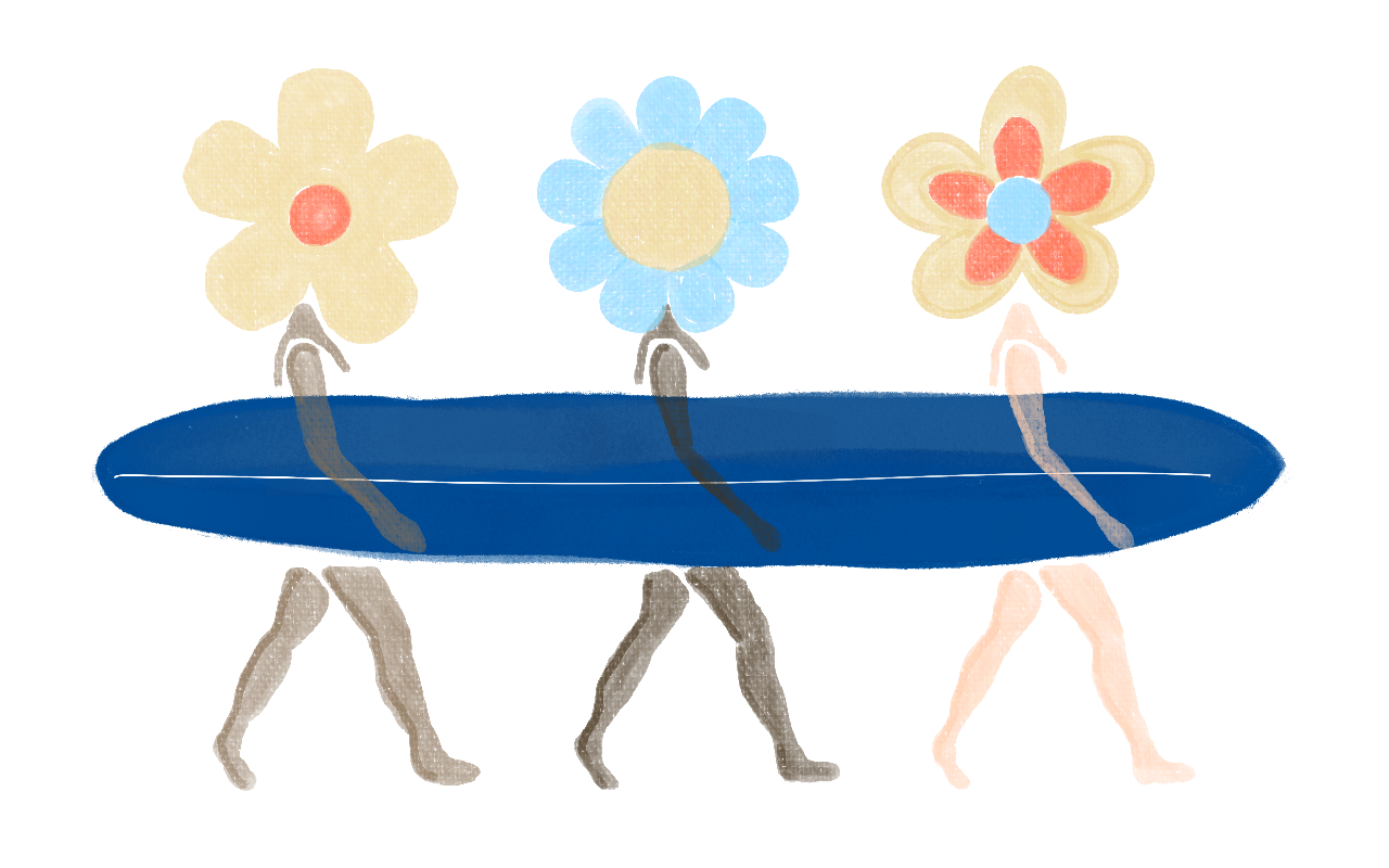 Illustration of three women walking with a surfboard, each with a large flower for a head, on a black background.