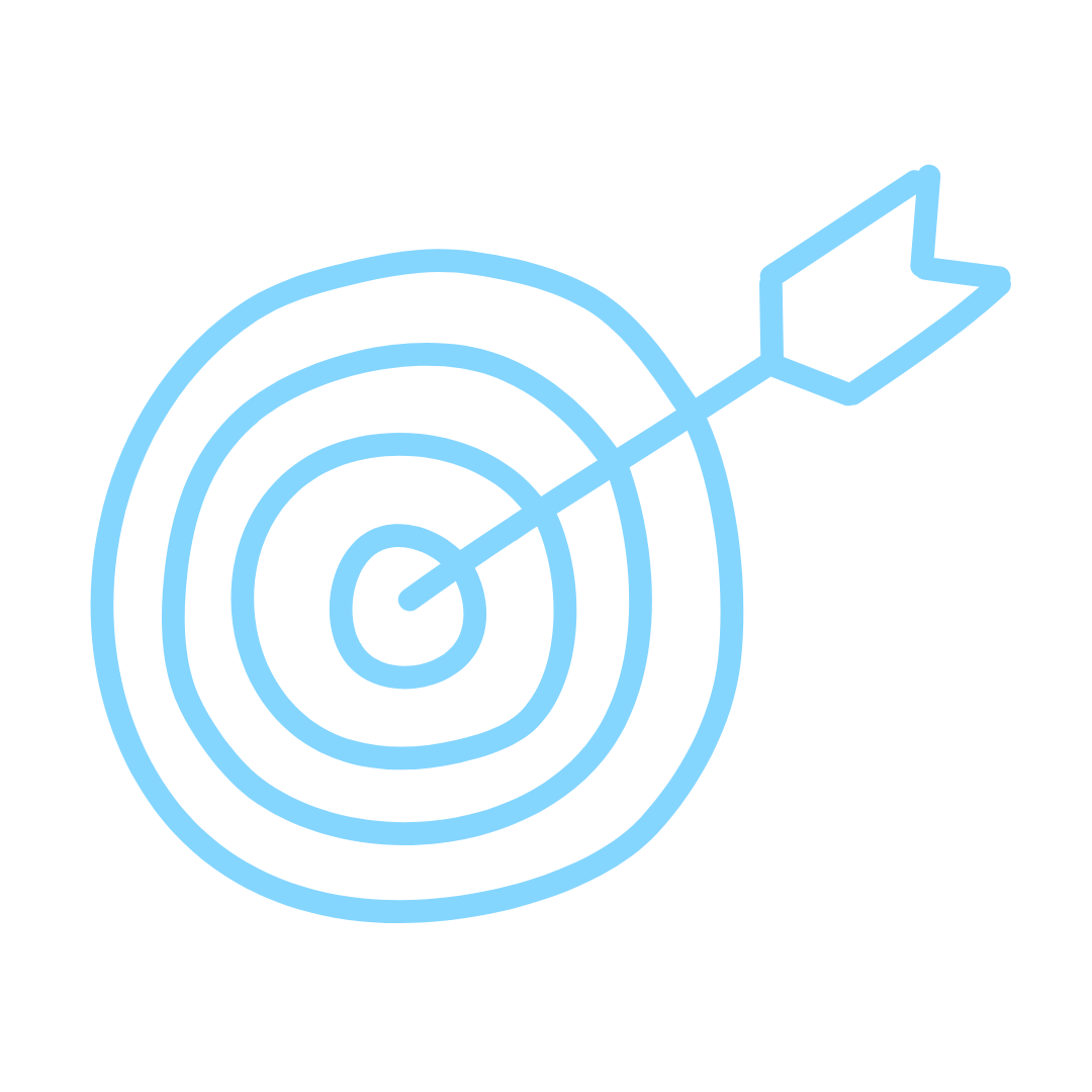 Blue outline of a target with concentric circles and an arrow hitting the center.