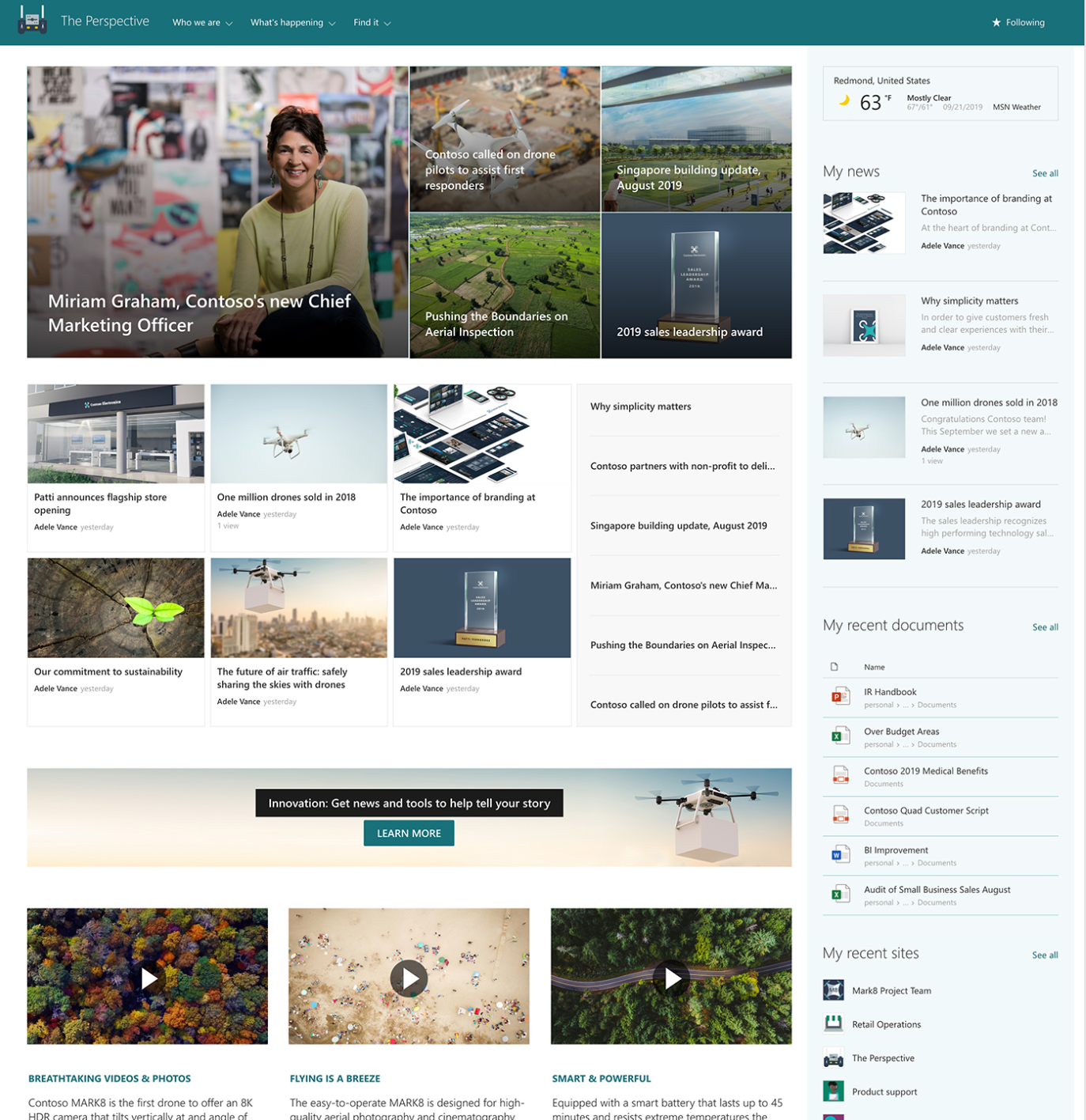 A modern SharePoint intranet example of a homepage
