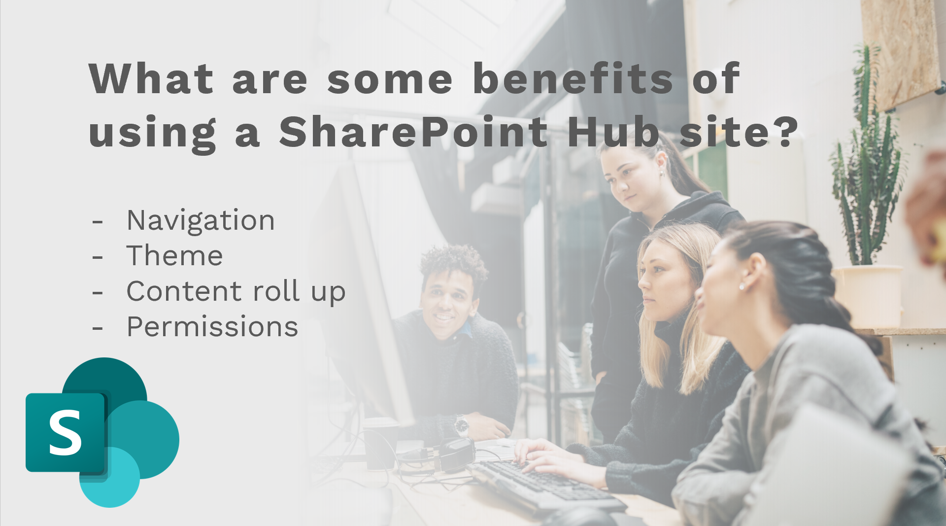 a powerpoint slide that has the text what are some benefits of using a SharePoint hub site