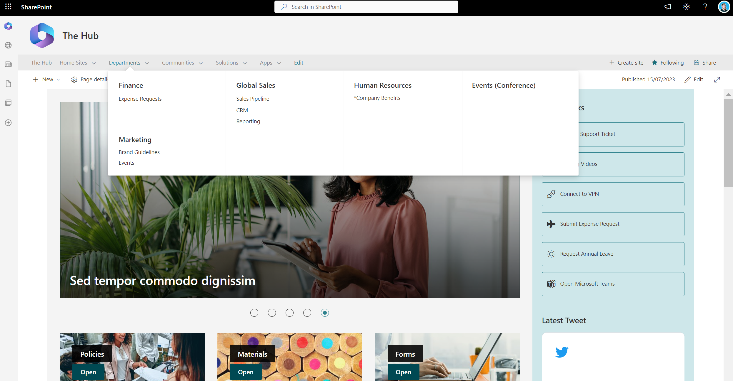 SharePoint site that lists a mega menu drop down