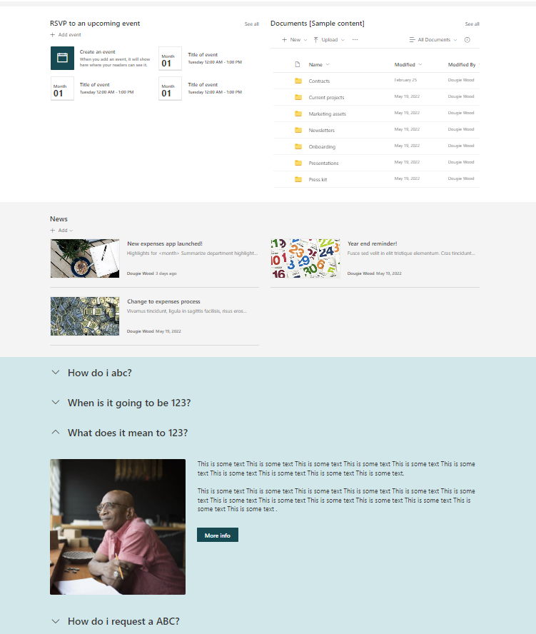 A image of a SharePoint intranet showing some FAQs expanded at the bottom of the screen