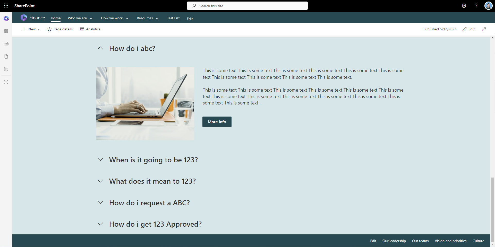 A demonstration of how an FAQ can be displayed in a SharePoint Intranet Design.