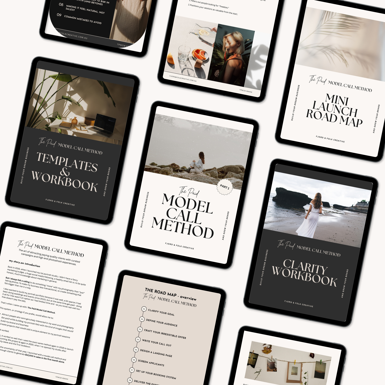 A collection of digital PDFs and workbooks related to the 'Model Call Method,' featuring titles such as 'Templates & Workbook,' 'Mini Launch Road Map,' and 'Clarity Workbook,' displayed on tablets and a screen, with some pages showing text and others showcasing images and design elements.