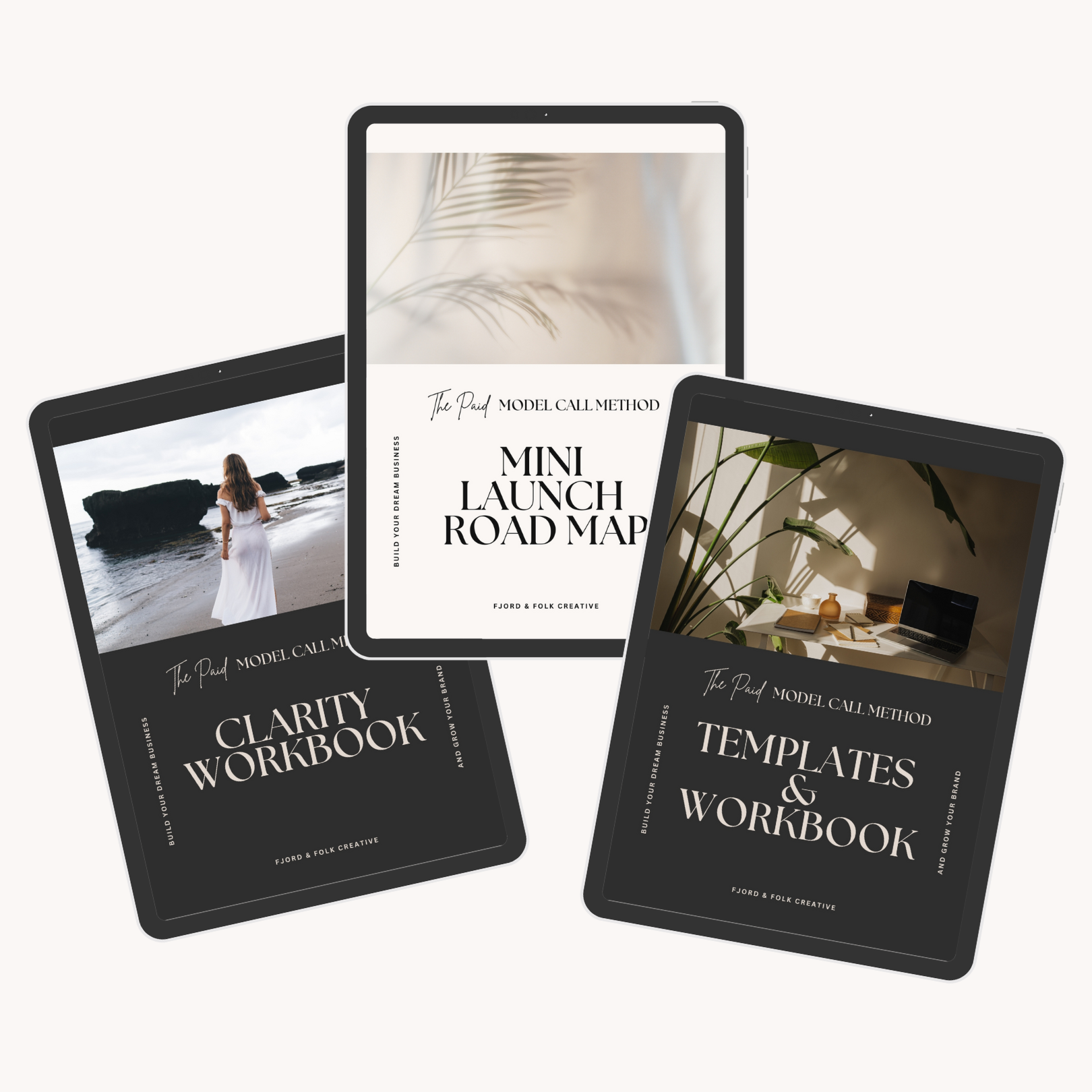 Three tablets displaying various creative workbooks and guides related to business branding, including a mini launch roadmap, clarity workbook, and templates and workbook, with one showing a woman on a beach and another showing an indoor workspace.
