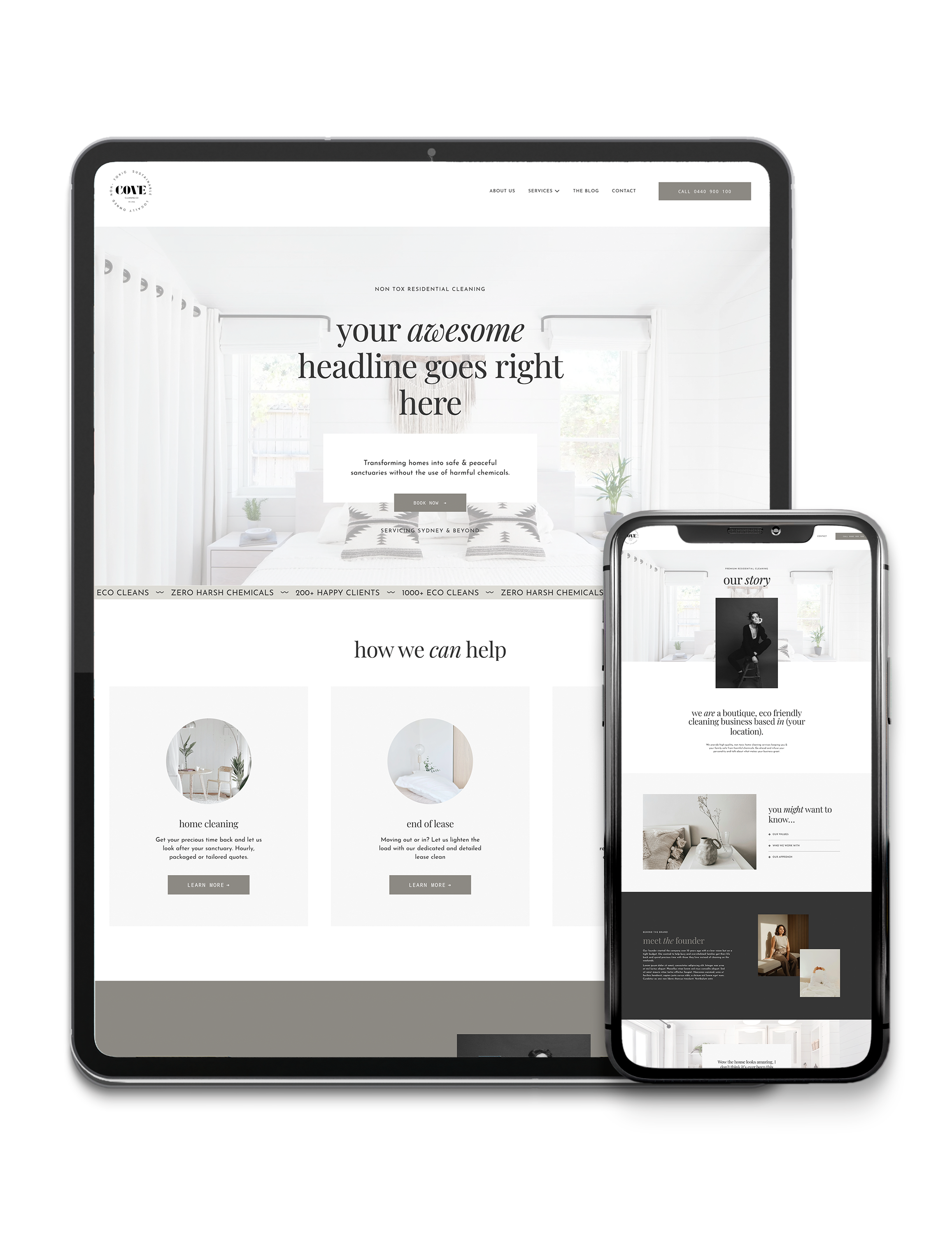 Responsive website layouts displayed on a tablet and a smartphone, featuring a home cleaning service with text and images of a clean bedroom and living space.