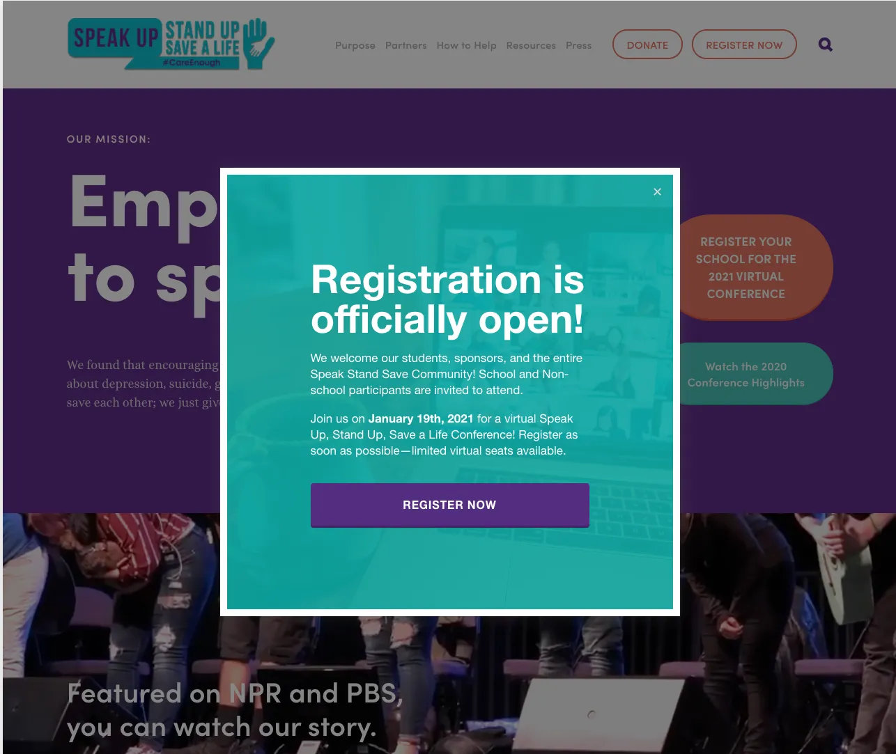 Speak Stand Save Registration Pop up on Squarespace with register button
