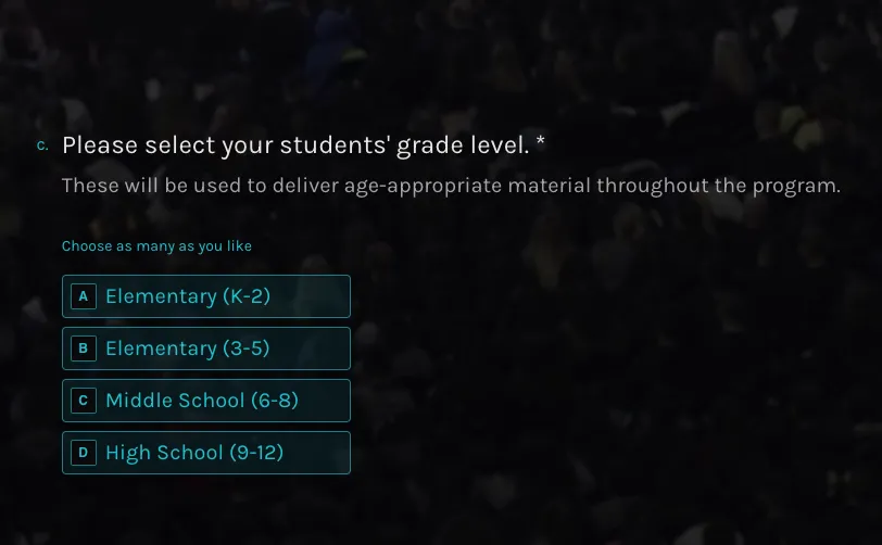 multiple choice question on typeform asking student grade level