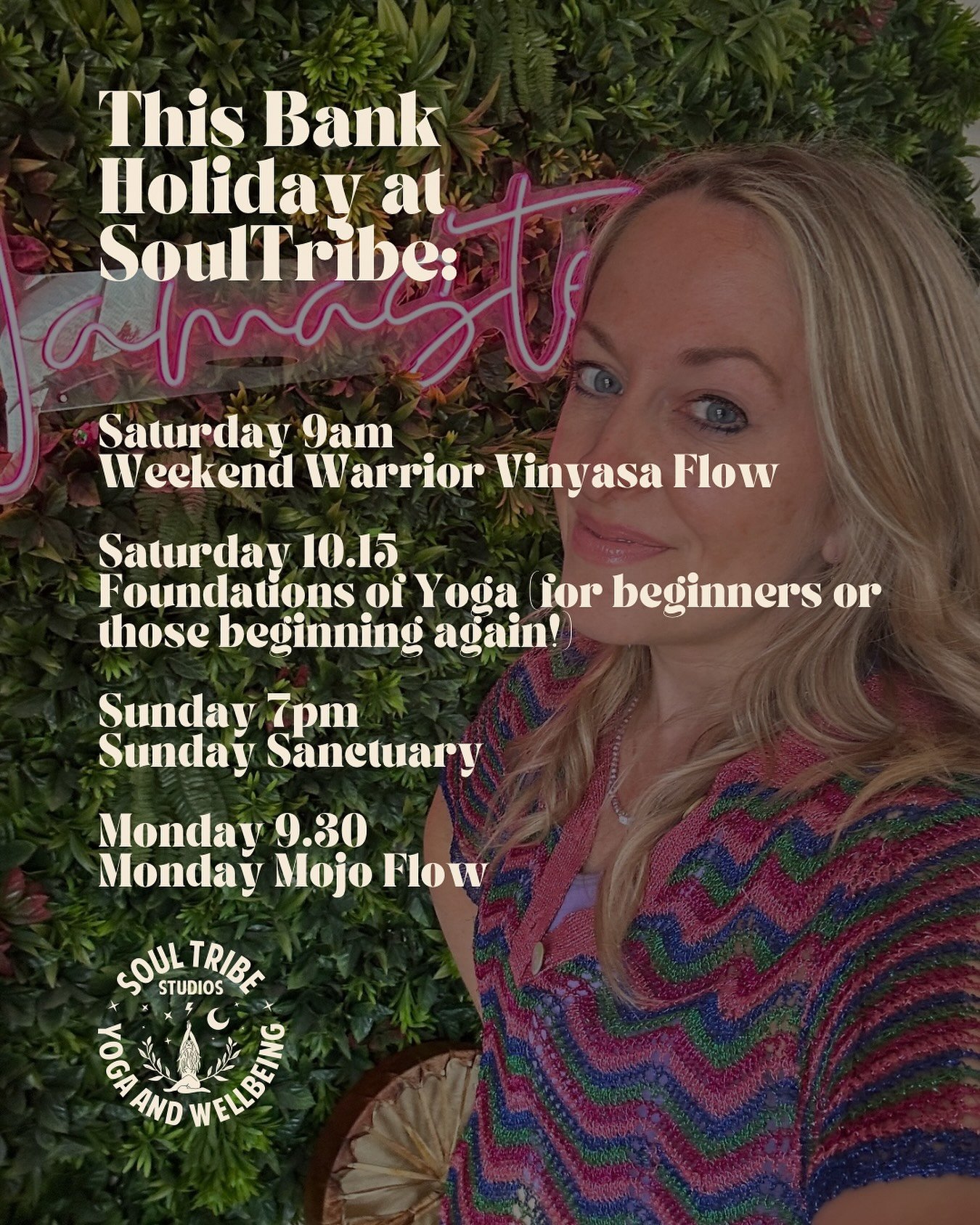 ☔️ Bank holiday forecast: biblical drizzle with a side of optimism 🌦
Good job we&rsquo;ve got mats, movement and magic to keep you feeling good &mdash; rain or shine.

We&rsquo;re running SoulTribe classes every day this weekend (not in a desperate 