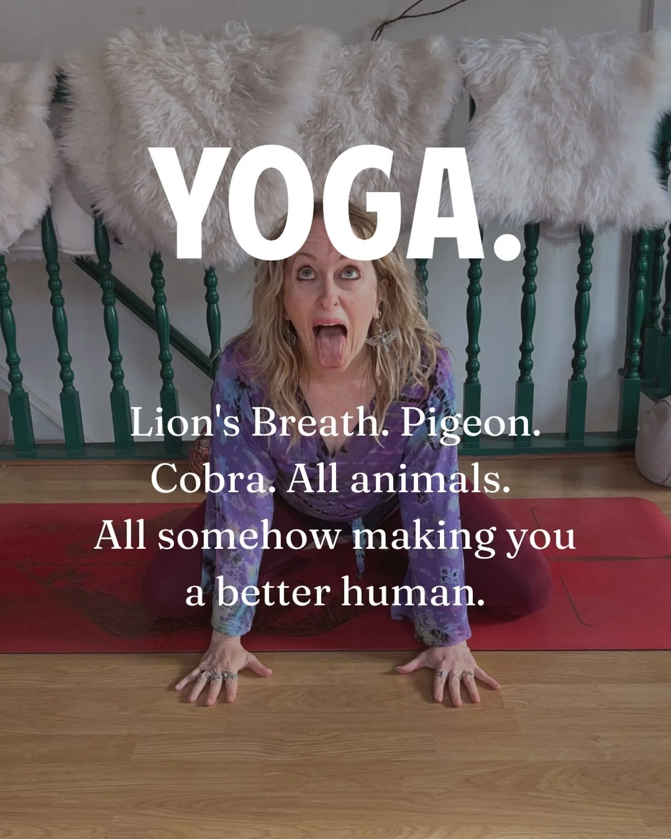 Lion&rsquo;s Breath. Pigeon. Cobra.

Stick your tongue out and roar. Fold into your hip until something surfaces. Lift your chest and let your spine do what it was actually built to do.

None of these poses are named after humans, and yet somehow, th
