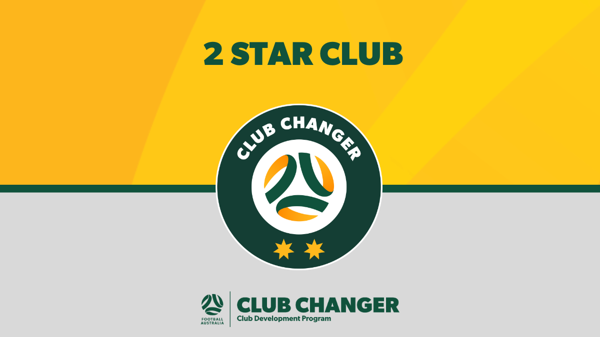 A graphic design image with a yellow and gray background, featuring the text "2 STAR CLUB" at the top. In the center, there is a round logo with the words "CLUB CHANGER" and a stylized soccer ball. At the bottom, the text reads "CLUB CHANGER Club Development Program" along with a smaller logo for Football Australia.