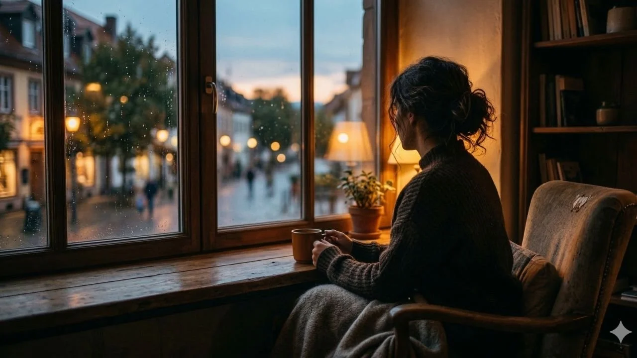 Frau sitz mit Kaffeetasse am Fenster