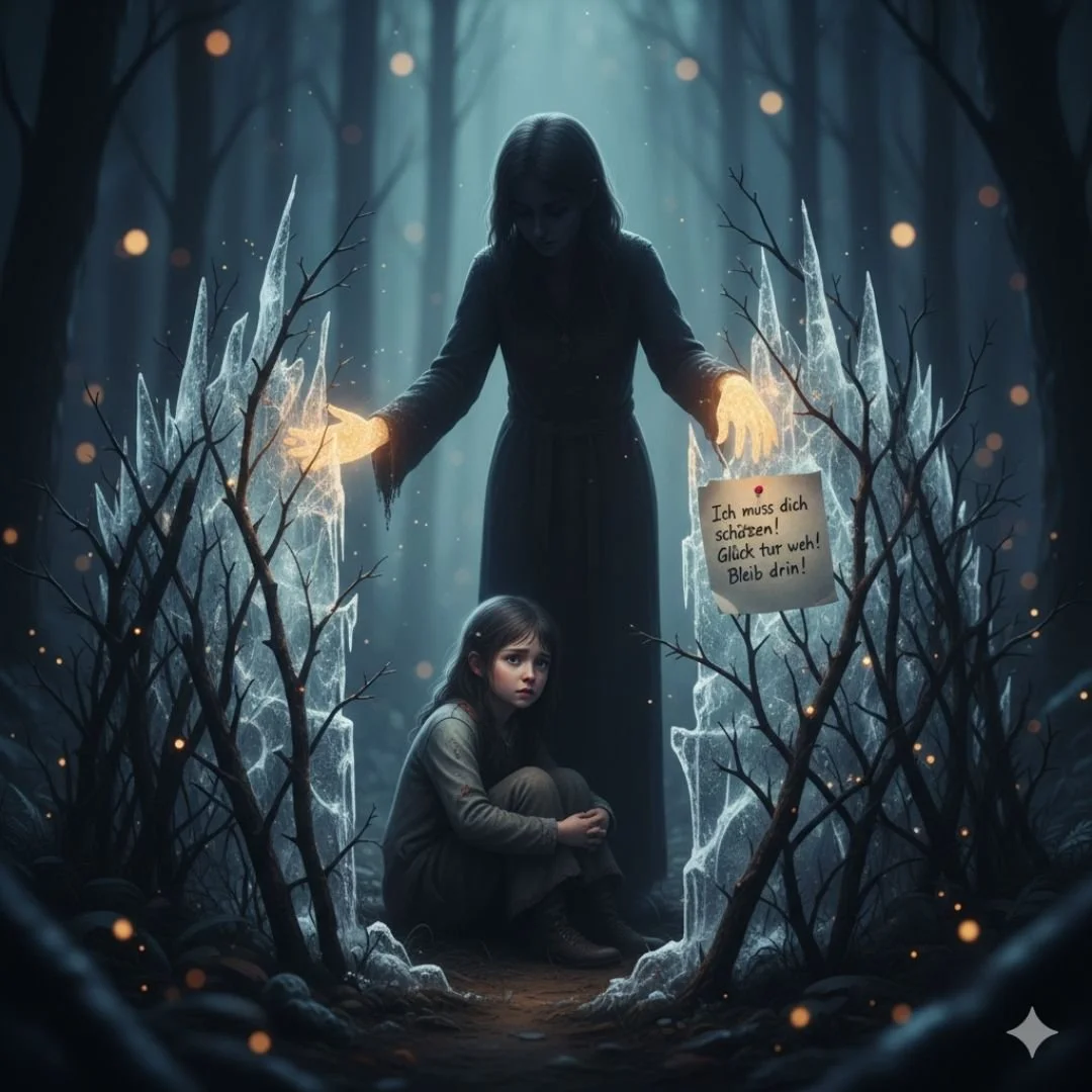 Frau die ein Kind im dunklem Wald besdhützt