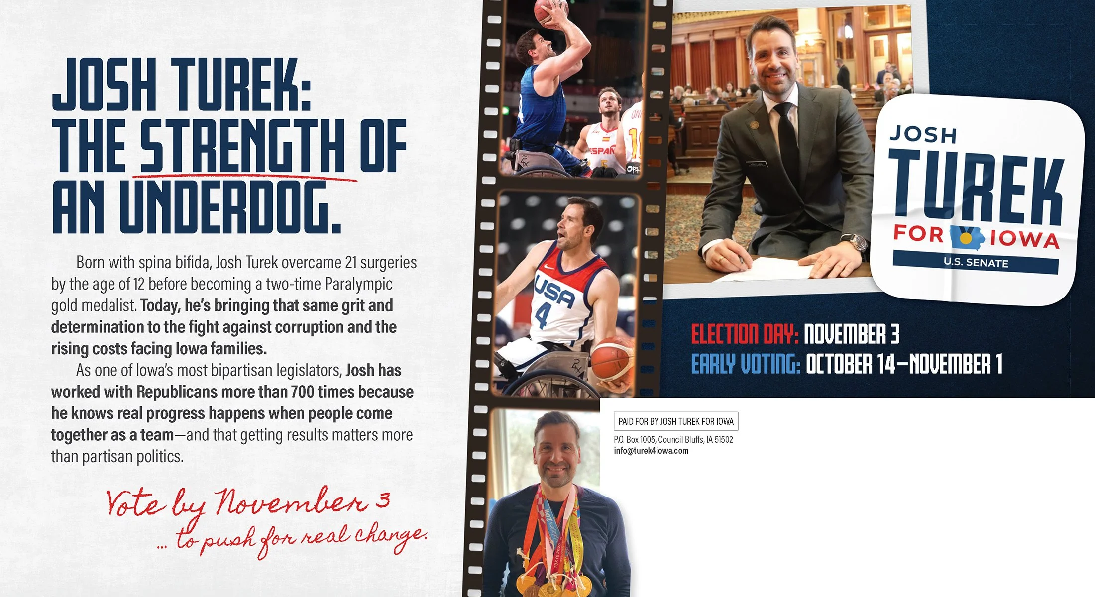 A campaign flyer featuring Josh Turek, showcasing images of him participating in adaptive sports like wheelchair basketball and para-athletic track events. The flyer promotes his candidacy for the Iowa U.S. Senate, highlighting his advocacy, politica