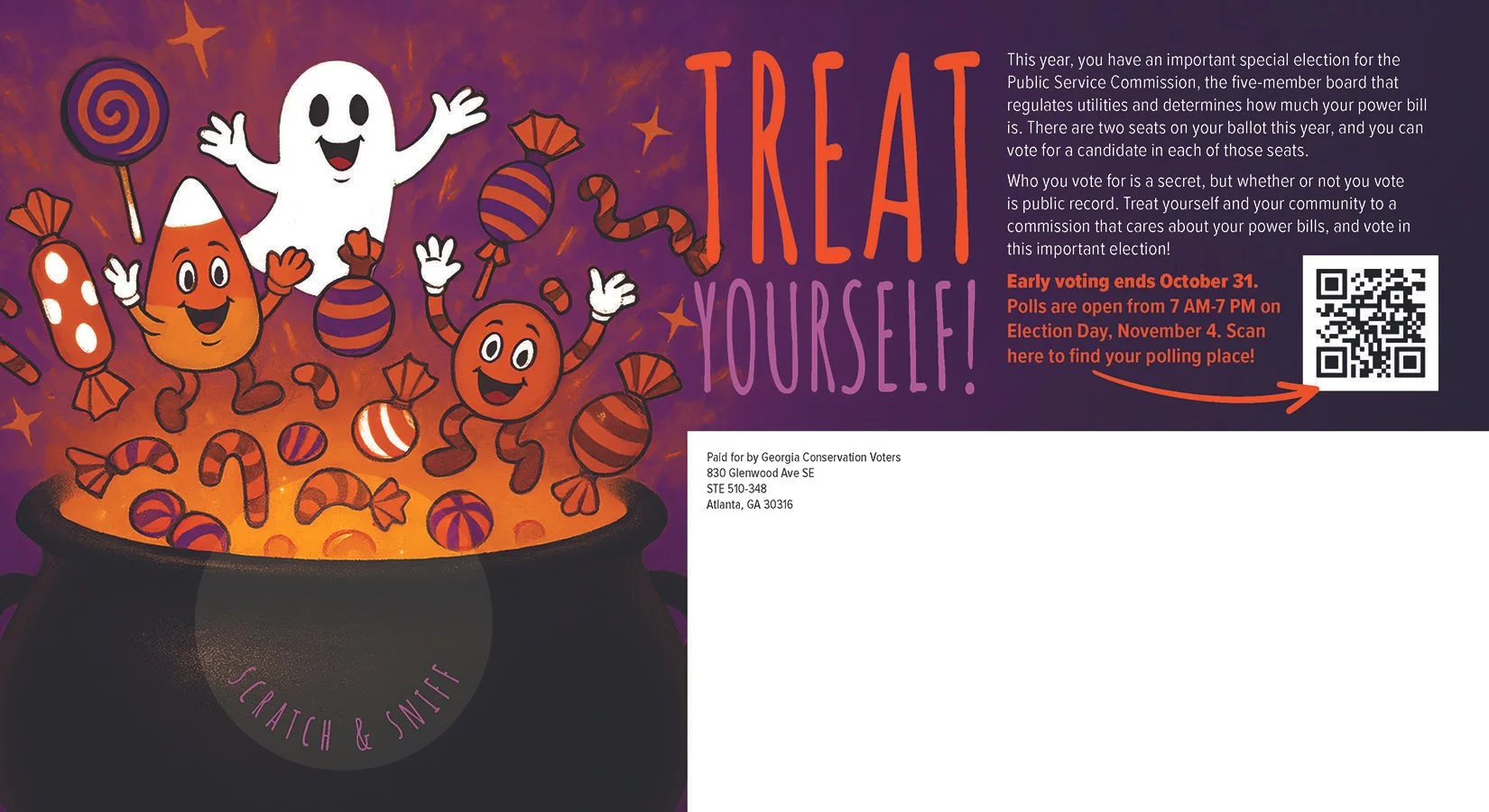 Halloween-themed flyer featuring cartoon candies and a ghost in front of a cauldron filled with candies.  Georgia Public Service Commission Scented Mail
