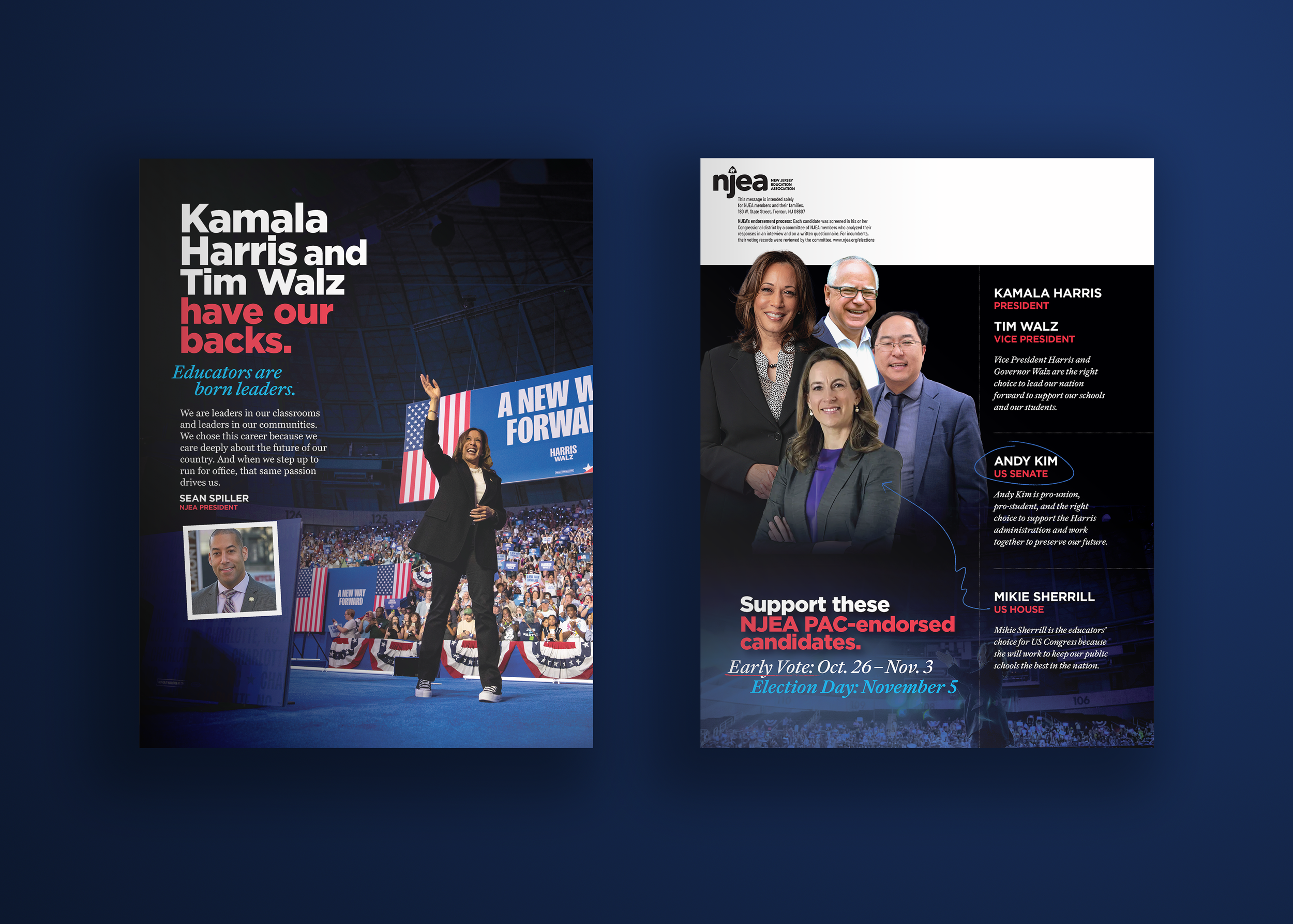 Two political campaign posters featuring Kamala Harris, Tim Walz, and others promoting NJEA PAC-endorsed candidates. One poster shows a rally scene with Harris, while the other features headshots of the candidates including Andy Kim and Mikie Sherril