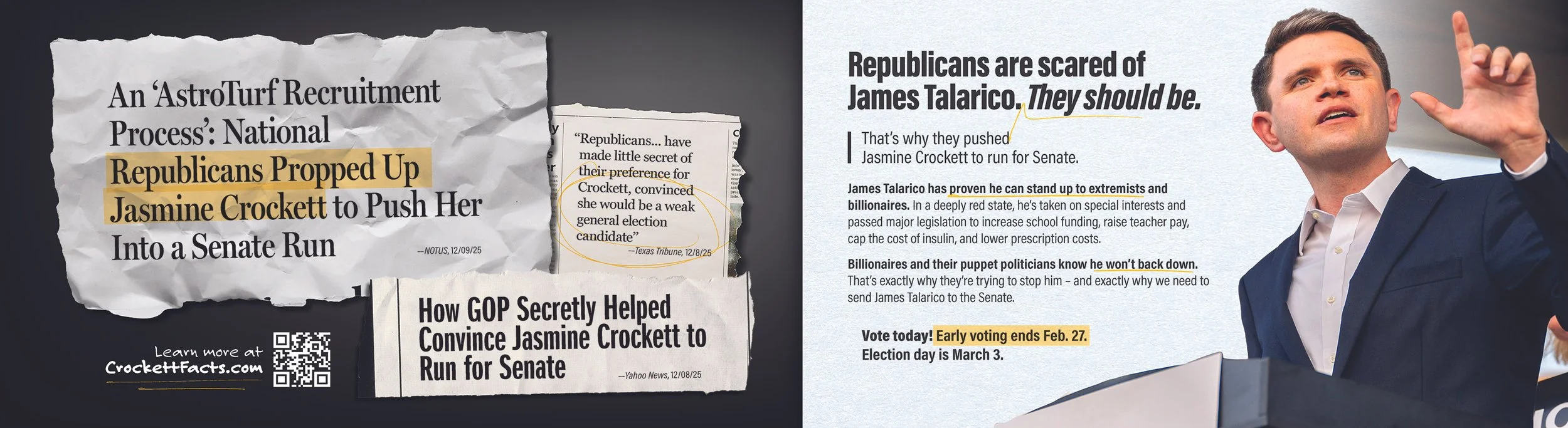 An image with torn paper excerpts about Jasmine Crockett's Senate run and a photo of James Talarico speaking with his hand raised, set against a background positioned for an informational or political campaign purpose.