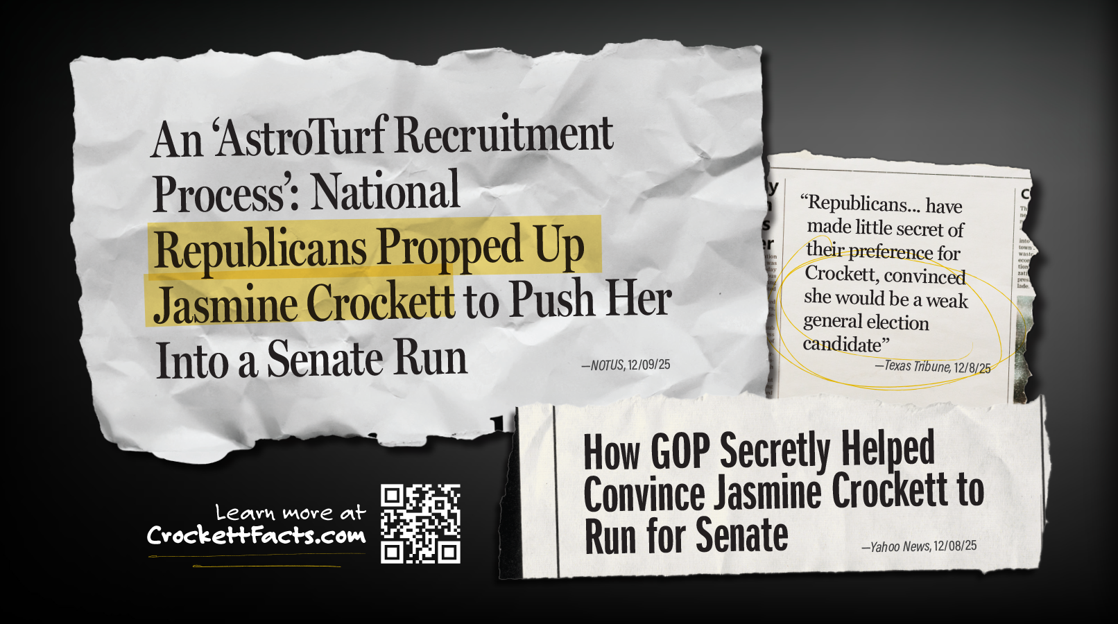 Crumpled white paper with headlines about Jasmine Crockett's Senate run, including 'Republicans Propped Up Jasmine Crockett to Push Her Into a Senate Run', 'How GOP Secretly Helped Convince Jasmine Crockett to Run for Senate', and a QR code for Crock
