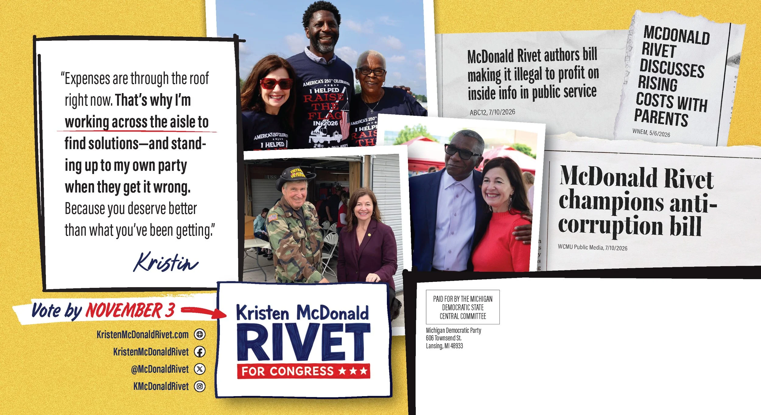 Various political campaign materials and photographs related to Kristen McDonald Rivet's congressional campaign. These include posters and flyers with her name, campaign slogan, and endorsement messages, along with images of her with supporters and c