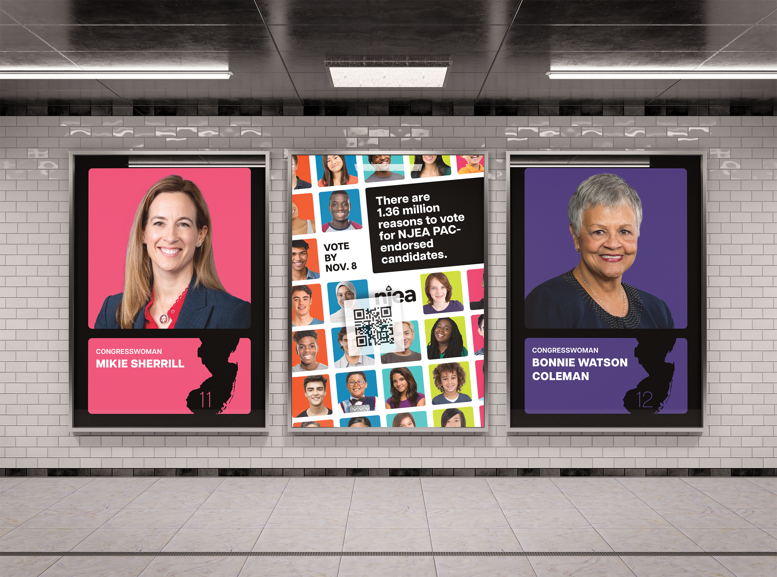 Three subway station posters display headshots of women and men. The left poster shows a smiling woman with long brown hair, labeled 'CONGRESSWOMAN MIKIE SHERRILL,' with a pink background and a silhouette of New Jersey. The middle poster features a c