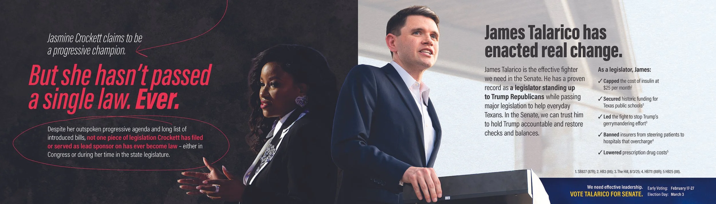 A political campaign flyer featuring James Talarico, a male candidate in a blue suit and white shirt, and Jasmine Crockett, a female candidate with dark hair and earrings. The flyer highlights their political achievements and campaign slogans, emphas