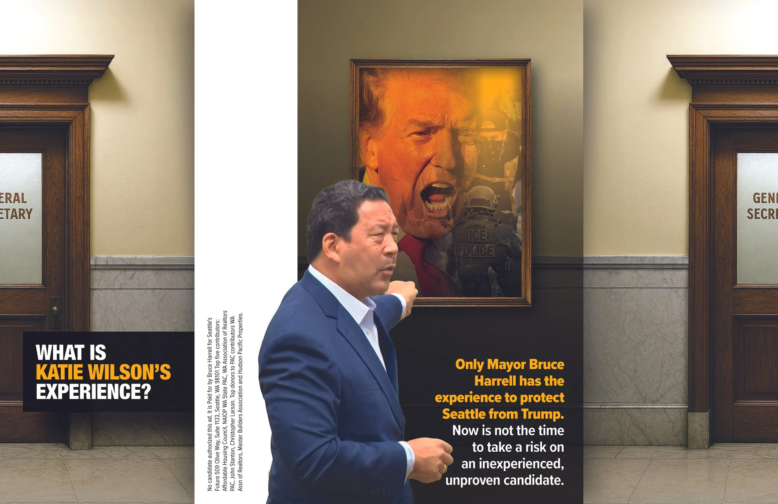 A man in a blue suit points to a portrait of Donald Trump with an angry expression and an open mouth. The setting appears to be inside a government building with wood-paneled doors labeled 'SECRETARY' and 'GENERAL SECRETARY'.