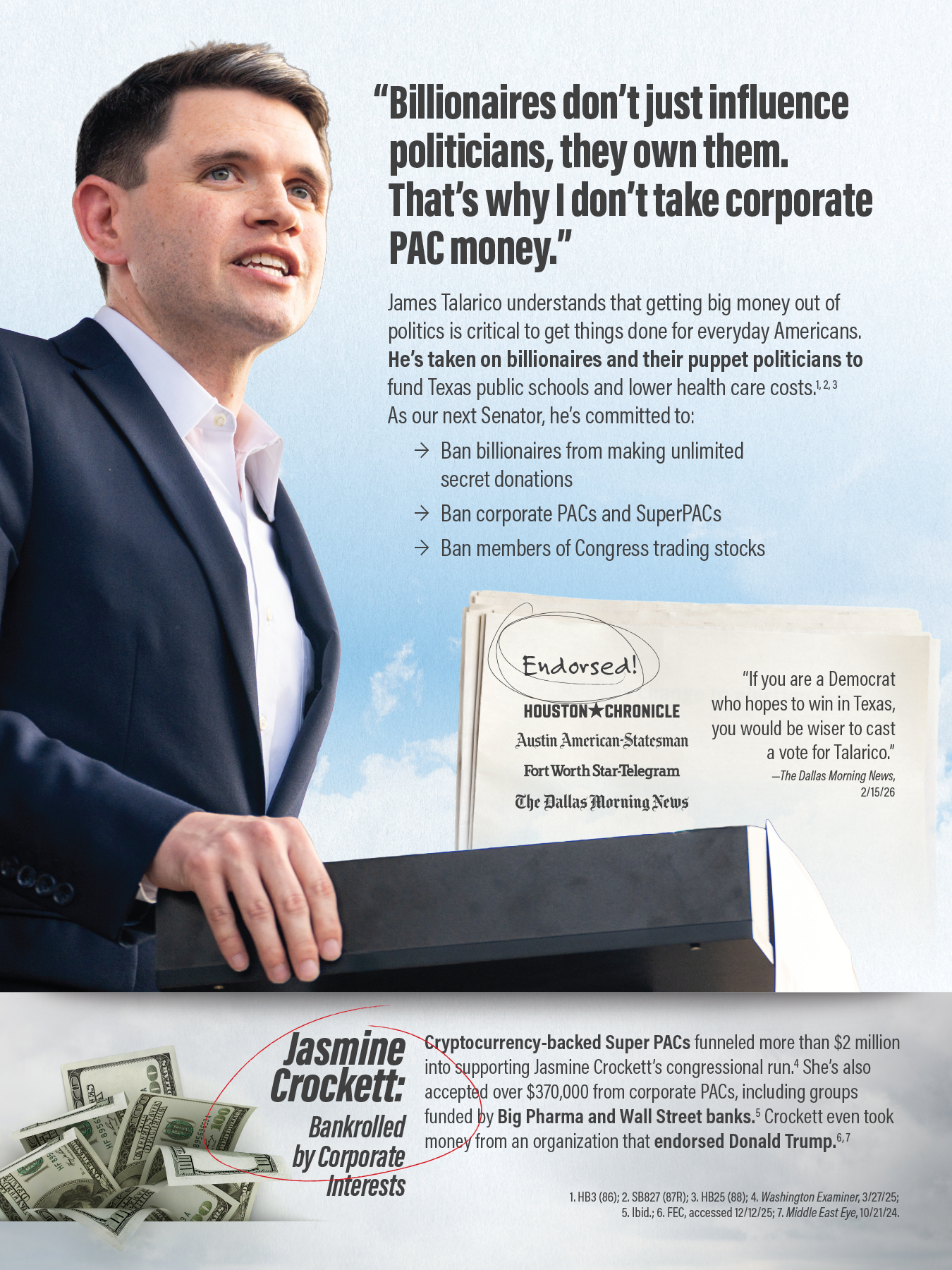 James Talarico highlighting his stance against corporate PACs and SuperPACs, and proposing bans on secret donations, trading stocks, and corporate influence. 