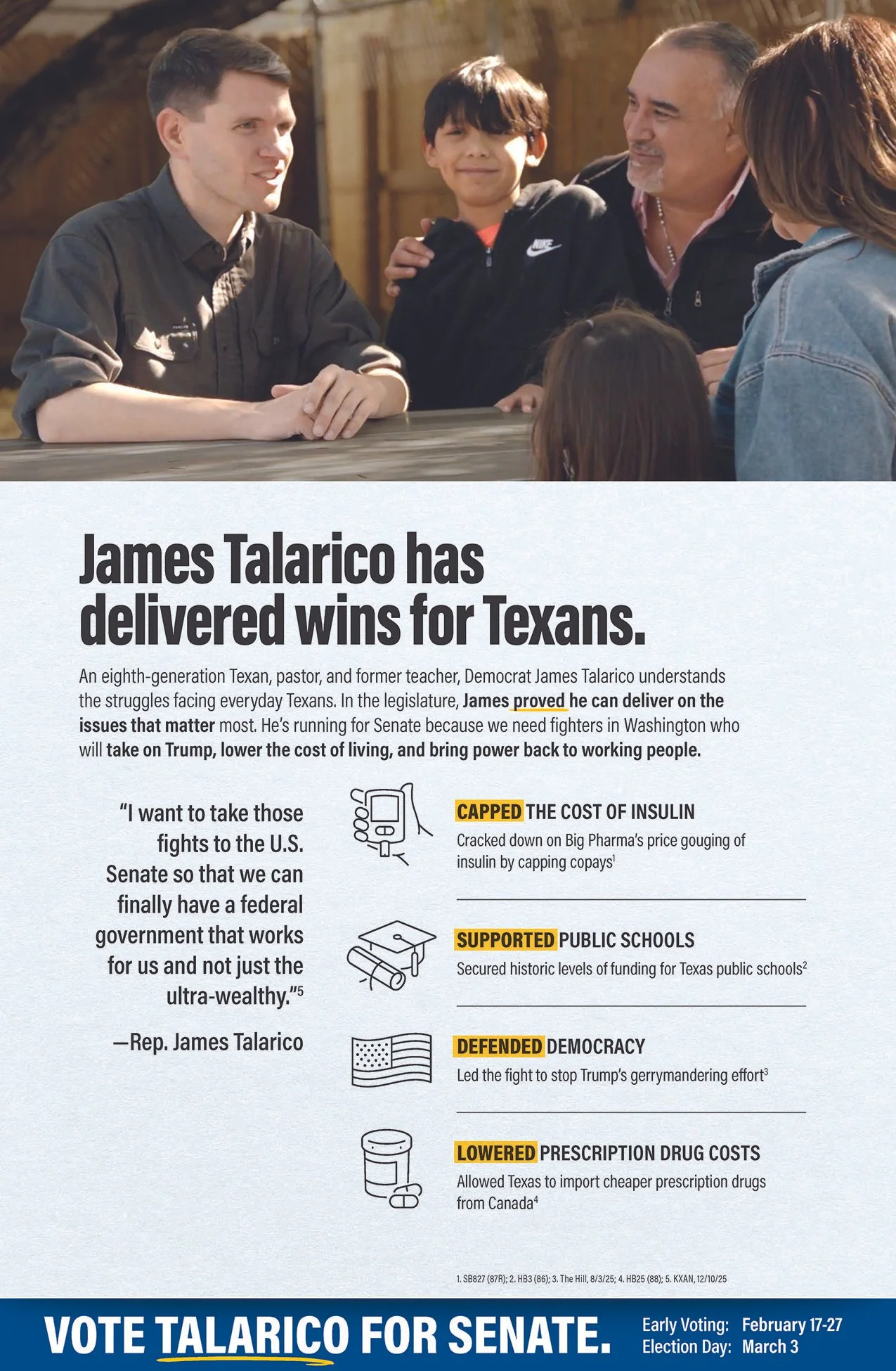 A political campaign flyer featuring James Talarico, a Texas Democrat, with a group of people including a young boy, an older man, and two women. The flyer highlights his achievements and campaign promises, with a section on voting information.