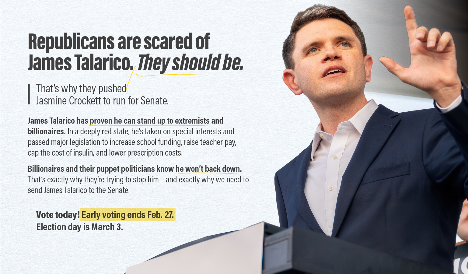 James Talarico speaking at a podium with a political campaign message on a screen behind him, emphasizing the importance of voting and early voting ending February 27.