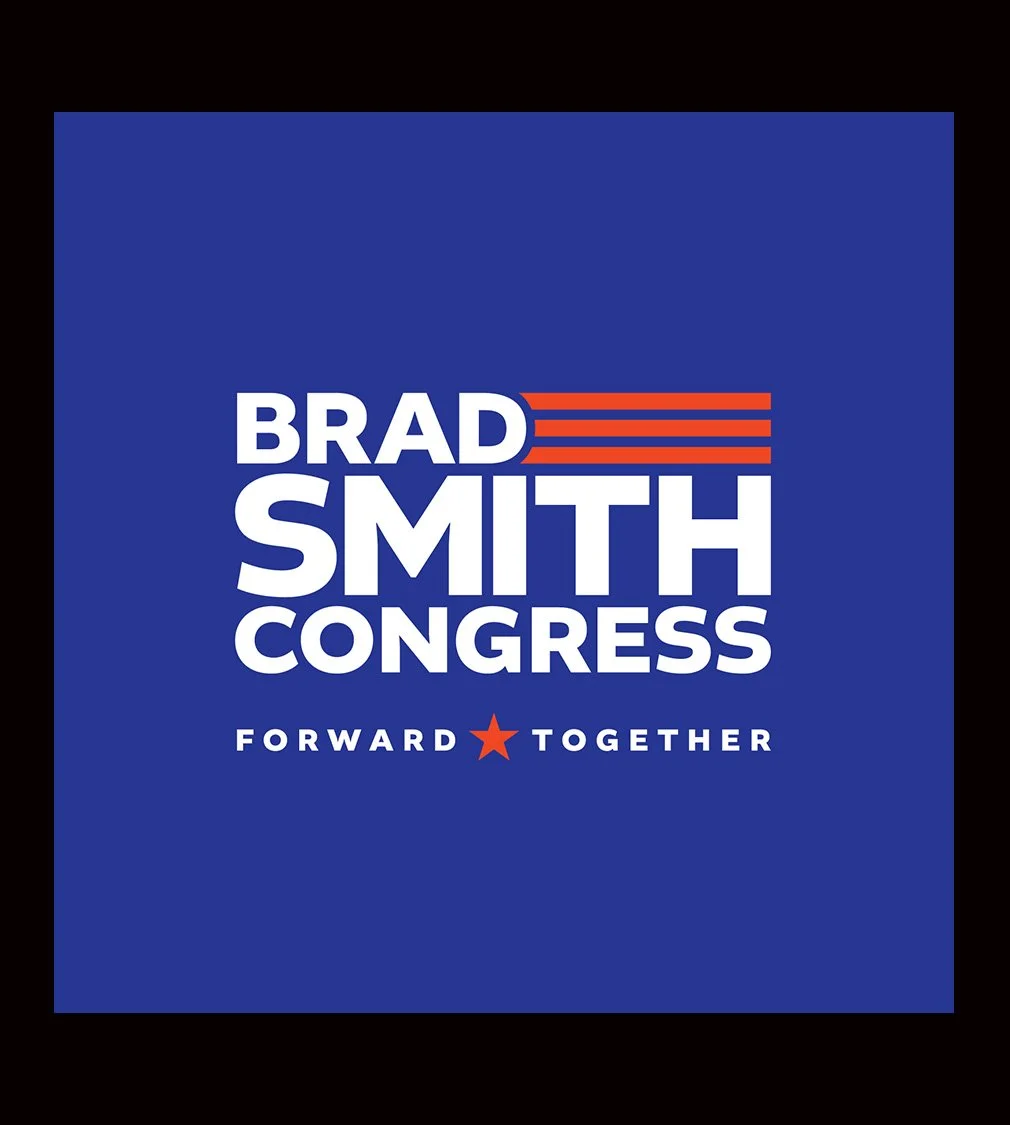 Campaign logo for Brad Smith for Congress, featuring bold white text on a blue background with red accents, and the Wisconsin state slogan 'Forward Together'.