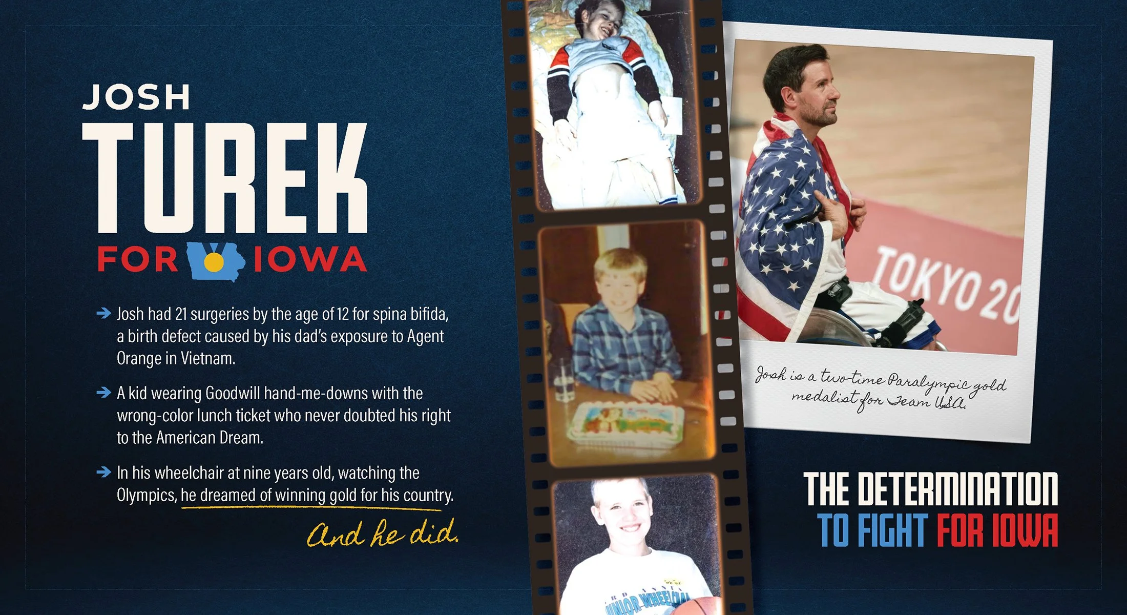 A collage featuring photos of a young boy named Josh. One photo shows him as a child in a wheelchair with a medal, and another shows him as a young boy in a plaid shirt. There is text about his medical history with spina bifida and his achievements, 