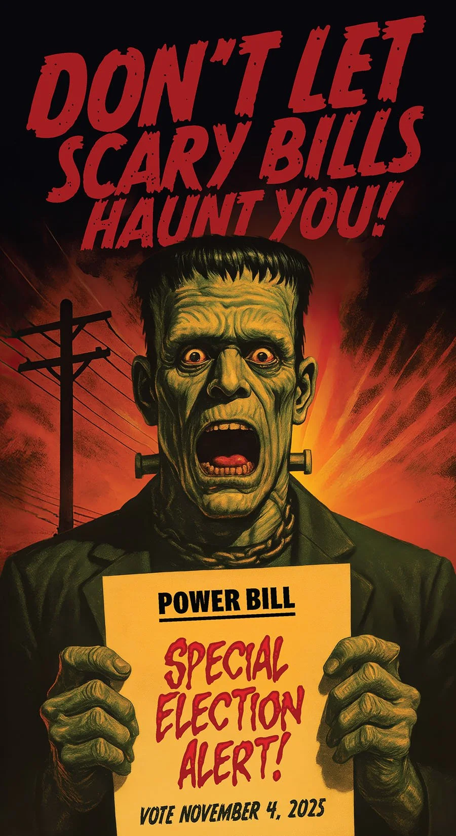 Frankenstein-like creature with an angry expression, holding a sign that reads 'Power Bill: Special Election Alert! Vote November 4, 2025.' and the text at the top says 'Don't Let Scary Bills Haunt You!' Georgia Public Service Commission Scented Mail