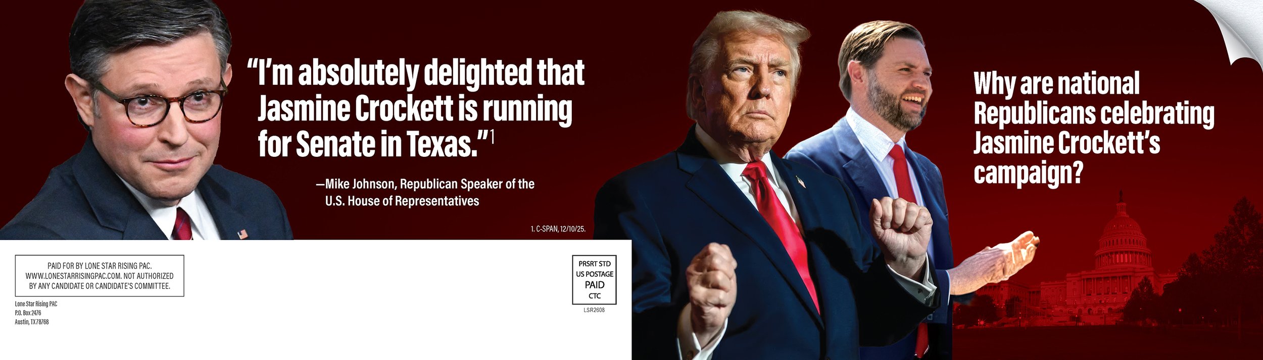 A political campaign flyer features images of Speaker Johnson, VP Vance and President Trump, with quotes and questions about Jasmine Crockett's campaign for Senate in Texas. The background is red with a faint outline of the Capitol building.