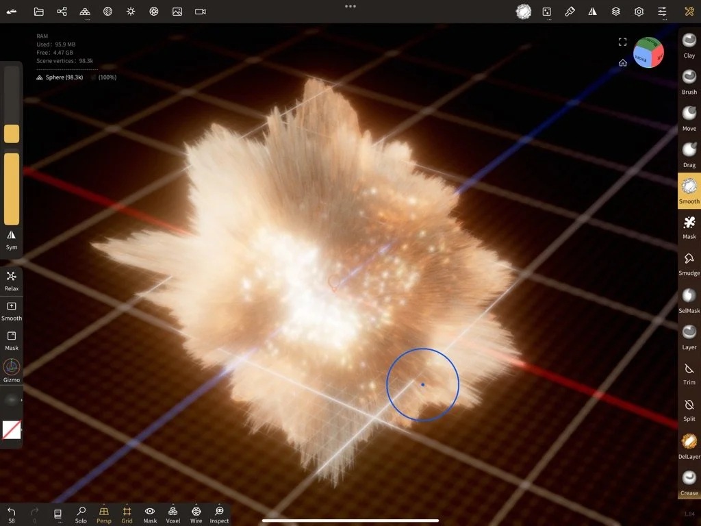 A 3D computer rendering of a cosmic explosion or starburst in space, with bright fiery particles and glowing light, on a grid background.