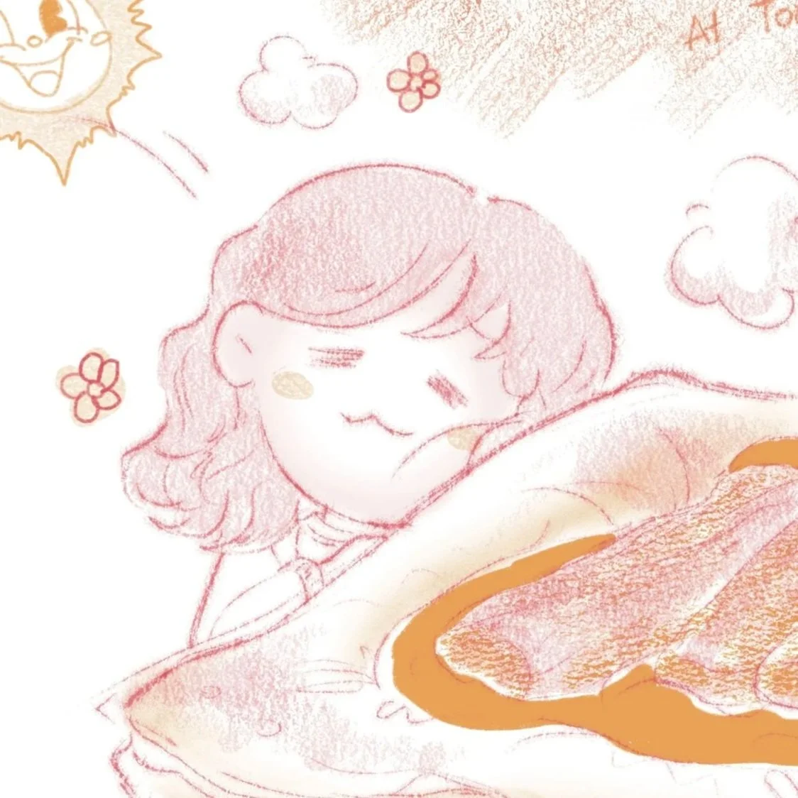 A cute child with curly hair sleeping peacefully with closed eyes, surrounded by small clouds and flowers, with a smiling sun in the top left corner.