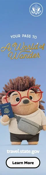 A cartoon hedgehog wearing glasses and a sweater holds a passport in front of a blue background. The text says "Your pass to a world of wonder" with a travel.state.gov link and a Learn More button.