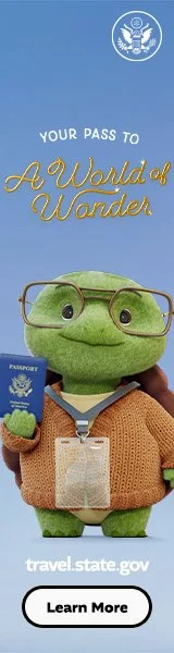 Animated turtle wearing glasses and a sweater, holding a U.S. passport, against a blue background with text "Your Pass to A World of Wonder." Includes travel.state.gov and a "Learn More" button.