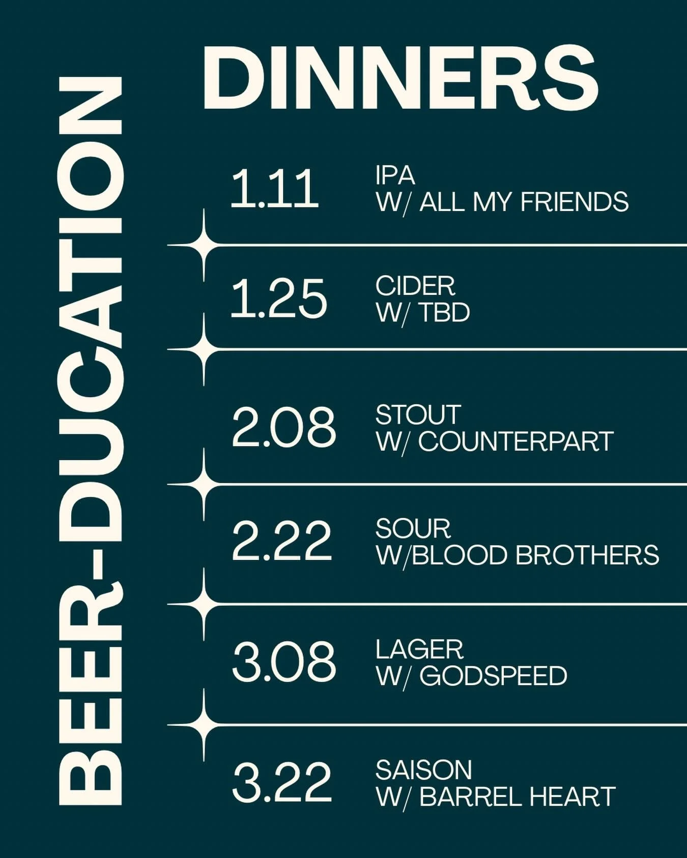 Give (or get!) the gift of good beer, good food, and good company.

We&rsquo;re hosting 6 weeks of Beer-ducation dinners, each featuring a different guest brewery and a guided tasting of three unique beers paired with a three-plate menu designed to c