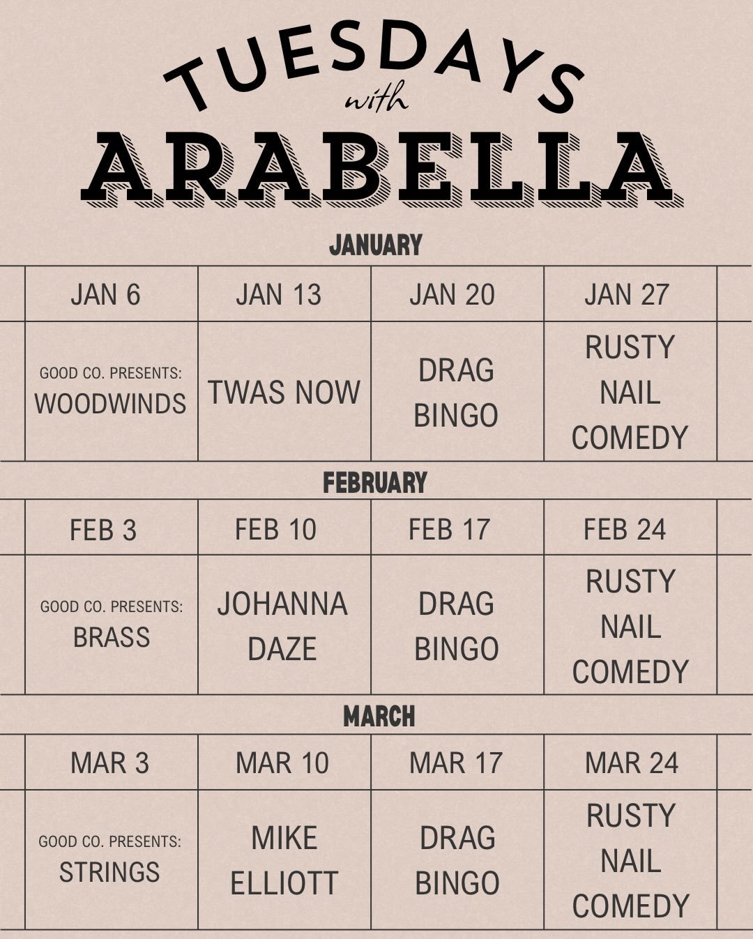 Tuesdays just got an upgrade. From January to March, Arabella Park is hosting a full monthly lineup, and every week brings something new to look forward to.

✨ Week 1: @goodcoprod transforms the bar with a live symphony set. Big sound, intimate vibe.