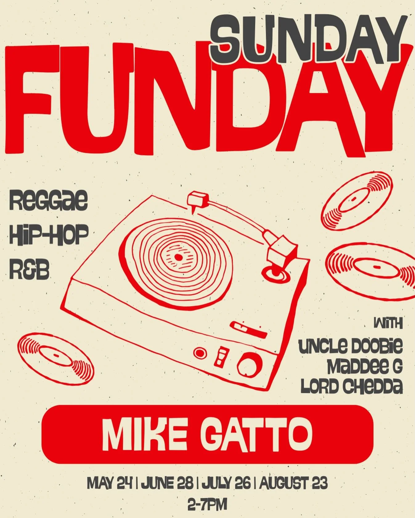 Kicking off Sunday Fundays with @mike_v_gatto 

On May 24th, Gatto &amp; friends will be at Arabella from 2&ndash;7pm, spinning an all-vinyl set packed with reggae, hip-hop, and R&amp;B.

Good food, cold beer, and the perfect Sunday soundtrack.

Catc
